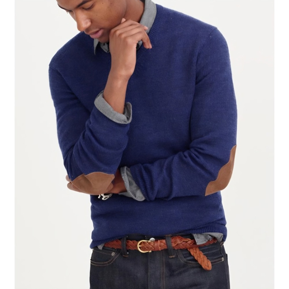 J.Crew Wool Elbow Patches Preppy Old Money British Navy Blue Slim Sweater S-M